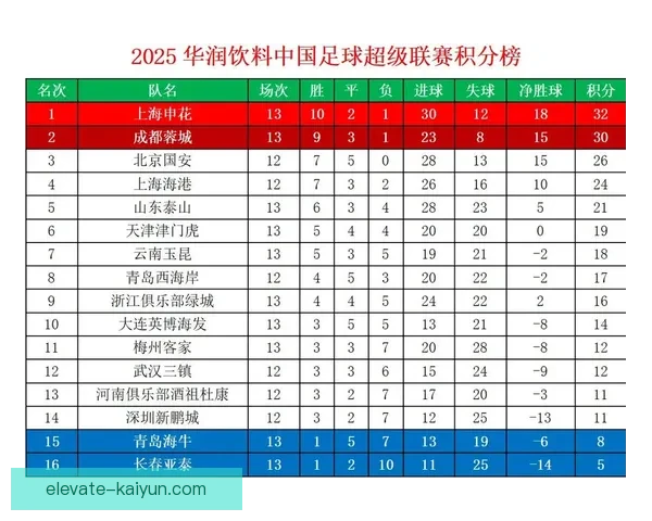 中超联赛最新积分榜：各队排名与争冠保级形势分析